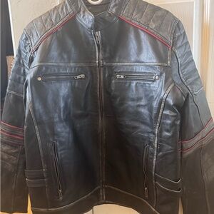 Men's Black Leather Jacket with Red Accents